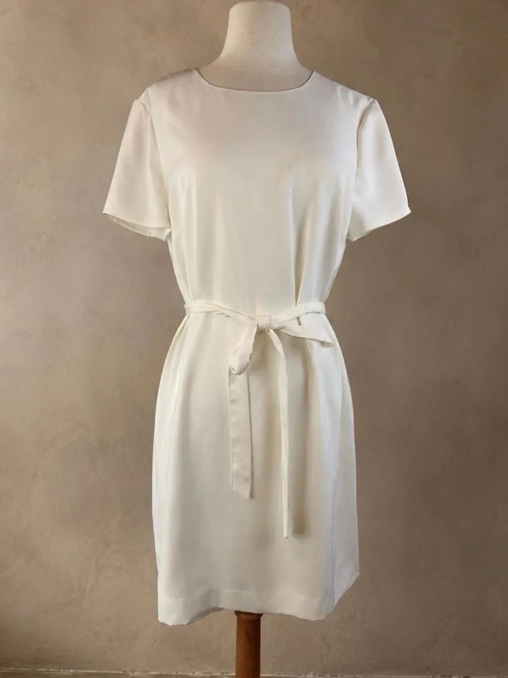 J.Crew Factory Size 12 Ivory Belted Shift Dress Short Sleeve Lined Minimalist